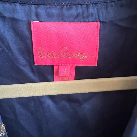 Lilly Pulitzer Sarita Silk Dress Size 2 High Tide Navy Gold Metallic Silk Clip - Picture 5 of 6